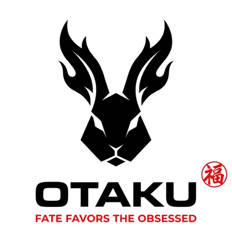 Black logo of a stylized face with flames on a white background, featuring the word 'OTAKU' and the phrase 'Fate favors the obsessed'.